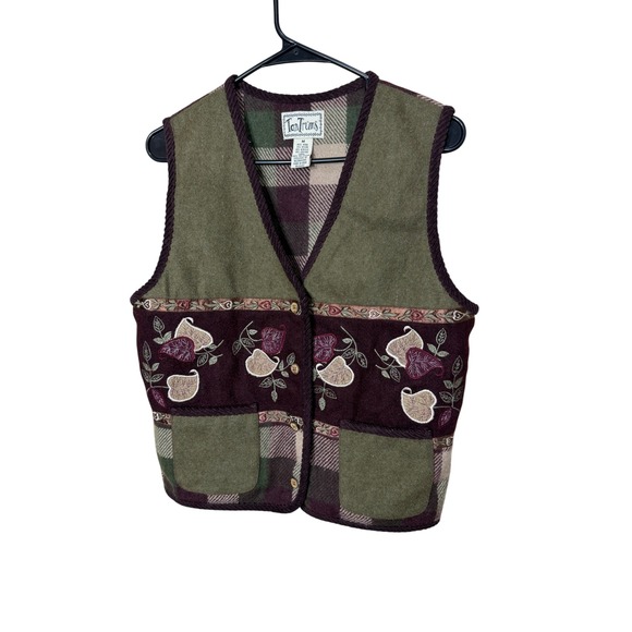 Tantrums Jackets & Blazers - Vintage TanTrums Wool Blend Embroidered Plaid Vest Green Burgundy Womens Medium
